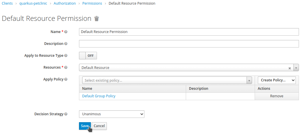 quarkus petclinic default resource permission